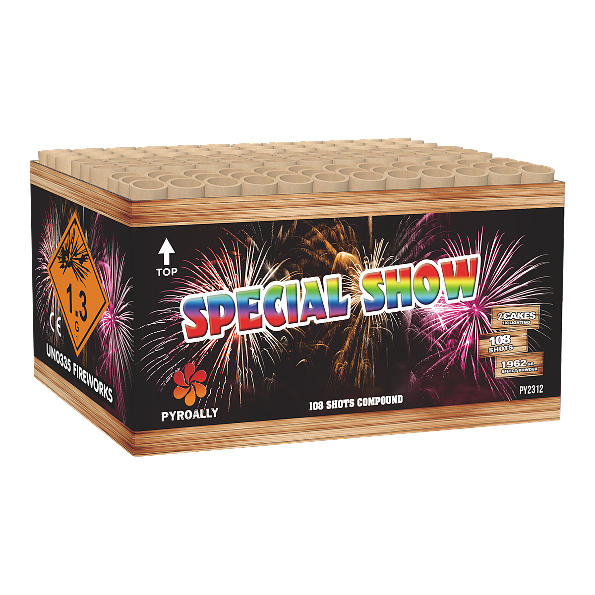 PY2312 Compound fireworks /Crackling,green glittering,blue mine in both sides,White strobe willow & red,green star with red tail  in the middle